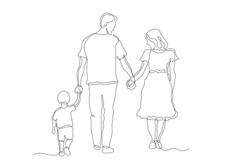 Abstract family, mom,dad and child holding hands on a walk.continuous single line art hand drawing sketch
