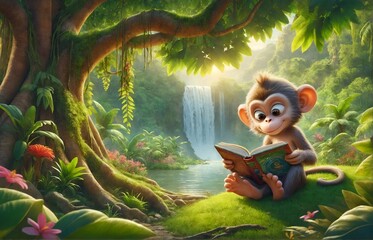 a monkey character reading a book