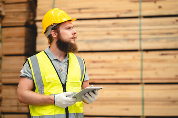 Engineer team standing walking in warehouse examining hardwood material for wood furniture production, Worker check stock, Technician man and woman working on quality control in lumber pallet factory