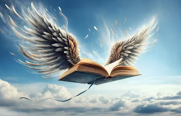 Fotobehang a magical open book with wings soaring through the sky © Meeza