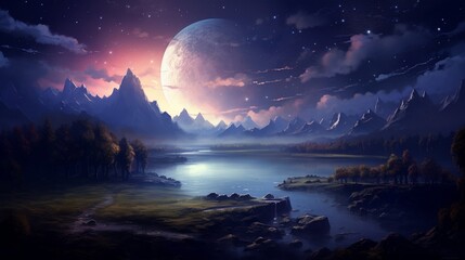 a celestial night sky, filled with stars, nebulae, and a crescent moon casting a soft glow on a tranquil landscape