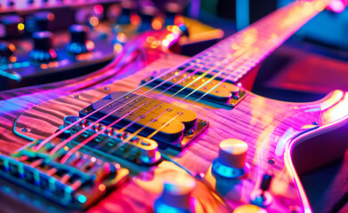 Fototapeta premium Electric guitar with vibrant strings. Strings Alive: Vibrant Tunes with Electric Resonance