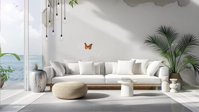 sea view living room with wooden floor and concrete. modern architecture in white color. seamless looping overlay 4k virtual video animation background 