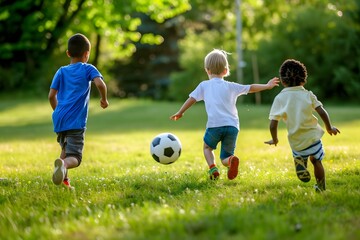 Obraz premium Elementary school children enjoy fun football, children playing soccer, children playing football, kids playing soccer