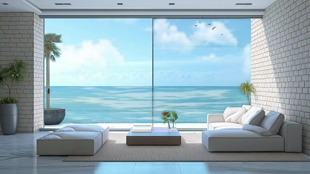 the interior design of empty lounge and living room. beautiful sea view from a living room. seamless looping overlay 4k virtual video animation background 