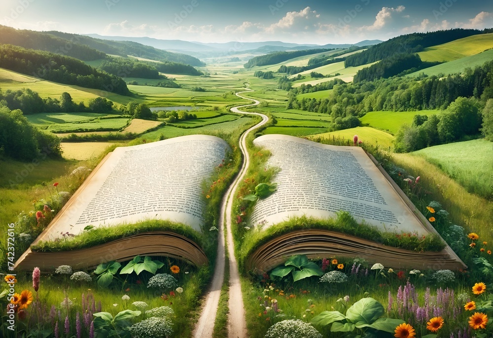 Wall mural a giant open book with a picturesque rural road winding through its pages