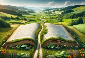 a giant open book with a picturesque rural road winding through its pages - obrazy, fototapety, plakaty
