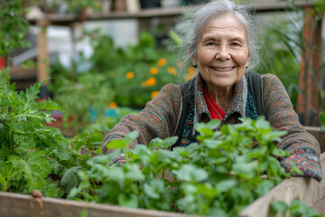 Joyful senior woman gardening in raised beds. Elderly lady with a bright smile tending to her lush vegetable garden