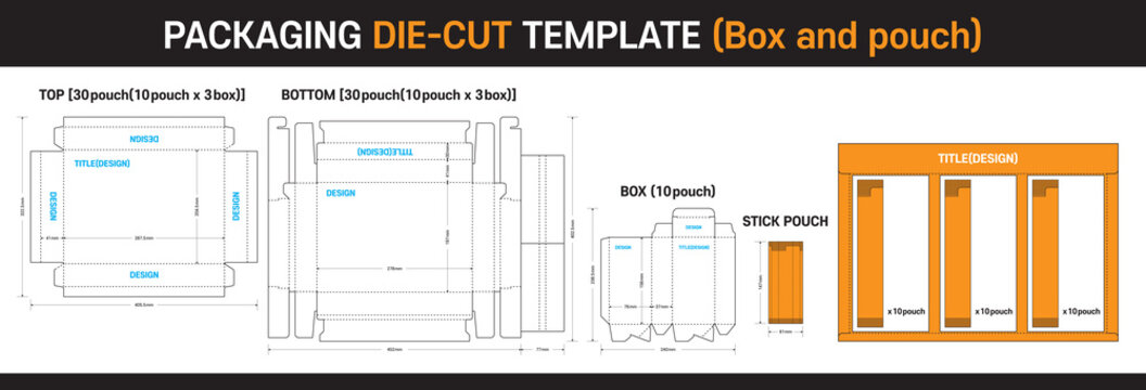 Food pouches and boxes, Food Package die cut template [Stick pouch, Box(10pouch, 10pouch x 3box)]
