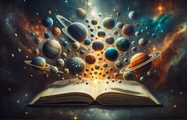 an open book with a group of planets emerging from its pages
