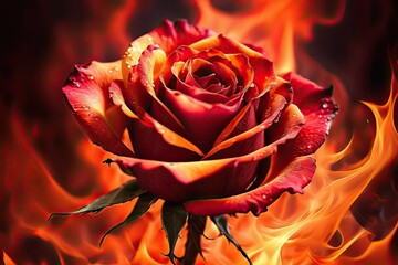 Red rose on fire. Burning rose. Sacrifice and devotion