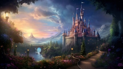 a magical fairy-tale castle, perched on a hill, surrounded by lush gardens, and a sky filled with stars, evoking a sense of enchantment