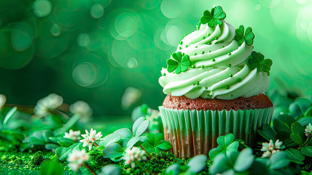 st patrick's day, food and holidays concept - close up of green cupcakes and shamrock
