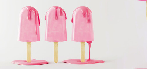 Melting Ice cream whit stick, Popsicle, Minimal summer concept. Artistic pink melting ice cream. Summer creative layout with melting ice cream aesthetic ice cream concept. Minimal summer idea.
