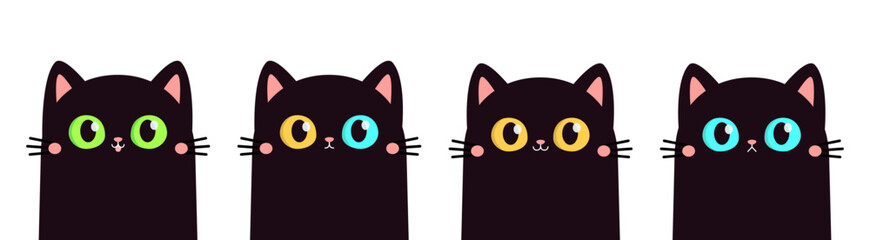 Cat face set. Kitten with big yellow, blue, green eyes. Black silhouette icon. Cute cartoon funny pet baby character. Funny kawaii animal. Pink ears, nose, cheek. Flat design. White background.