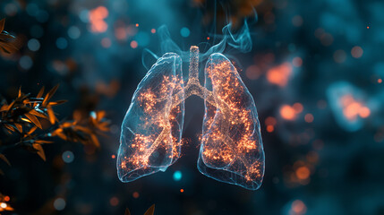 Futuristic visualization of smoke particles attacking lung cells with a digital shield activating to protect 