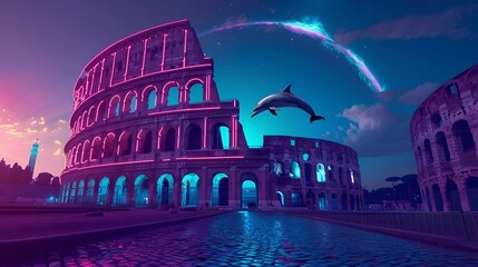 Ancient Rome reborn in neon lights, a dolphin leaping over the Colosseum under a glowing solar eclipse 
