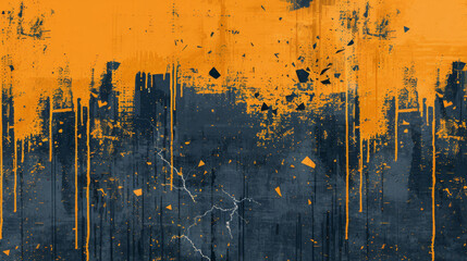 Grunge navy and orange paint splatters and streaks on a textured background.