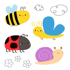 Butterfly, bee bumblebee, snail cochlea, lady bug ladybird flying insect icon set. Cute cartoon kawaii funny baby character. Ladybug. Cloud, daisy chamomile flower. Flat design. White background.