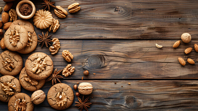 Cookies with walnuts on wooden