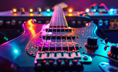 Electric Harmony: Vibrant Guitar Strings in Close-up - obrazy, fototapety, plakaty