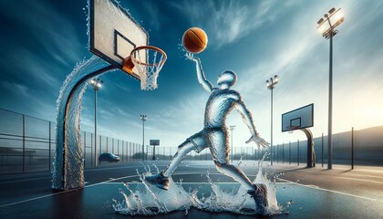 A dynamic sculpture of a basketball player made of water, skillfully executing a layup, set against a sunset-lit outdoor court and a clear sky.Sport concept.AI generated. - obrazy, fototapety, plakaty