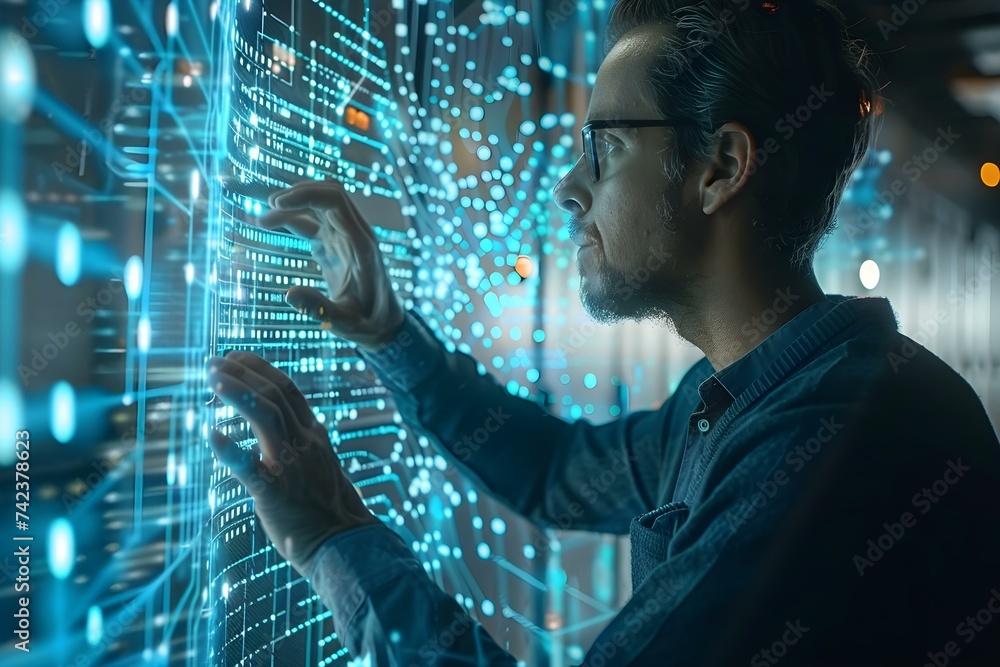 Aufkleber tech professional activates futuristic server with hologram in digital data center. concept technolo