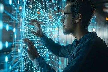 Tech professional activates futuristic server with hologram in digital data center. Concept Technology, Futuristic, Server, Hologram, Data Center