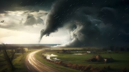 Naklejka na ściany i meble View of a large tornado, artistic landscape of natural disasters