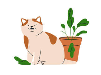 Funny cat eating leaf plant in pot. Cute naughty kitty chewing leaves, houseplant. Amusing playful evil feline animal, bad behavior. Comic flat vector illustration isolated on white background.