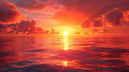 The sun sets below the horizon, casting a warm glow over the calm ocean, with clouds reflecting on the water's surface.