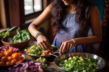 Obraz na płótnie Canvas A close-up of a 20-year-old Indian woman preparing a colorful salad, encouraging nutritious eating habits on World Health Day
