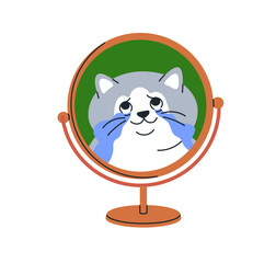 Cute funny cat looking at mirror reflection. Kitty crying, happy tears, touched with beauty. Feline animal likes itself. Self-love concept. Flat vector illustration isolated on white background.