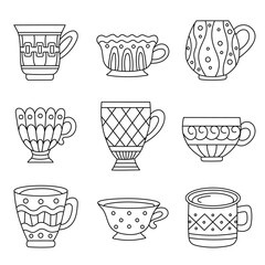 Set of cups elements in doodle style. Suitable for decorating cafes and shops. - 742379644