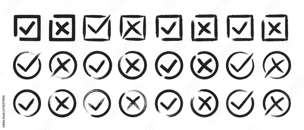 Poster dirty grunge cross x and tick ok check marks set in check boxes, hand drawn with brush strokes vecto