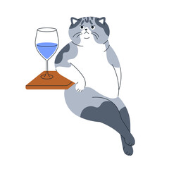 Cute cat sitting with wineglass. Funny elegant kitty leaning on table, drinking water from glass. Adorable comic feline animal with beverage. Flat vector illustration isolated on white background. - 742379840