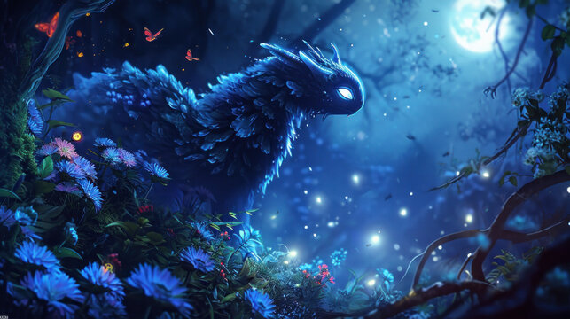 Mystical creature in enchanted forest scene with magical glow. Fantasy and imagination.