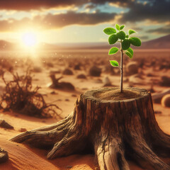 Generative AI, young tree sapling growing on dead stump in a desert