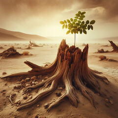 Generative AI, young tree sapling growing on dead stump in a desert
