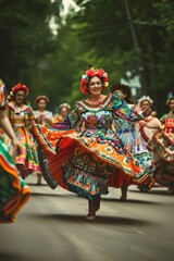 A diverse group of individuals, possibly folk dancers from around the world, are walking down a...