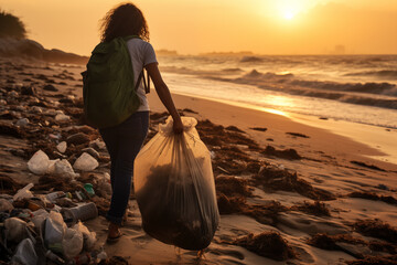 A volunteer collects plastic and trash on the beach - 742381239