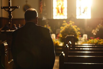 A man, possibly a pastor, standing before a pew in a church. He appears to be offering words of comfort and solace. The setting is calm and reverent - obrazy, fototapety, plakaty