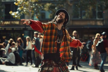 A man wearing a kilt is energetically dancing in front of a crowd of onlookers, showcasing traditional Scottish moves and captivating the audience with his performance - obrazy, fototapety, plakaty