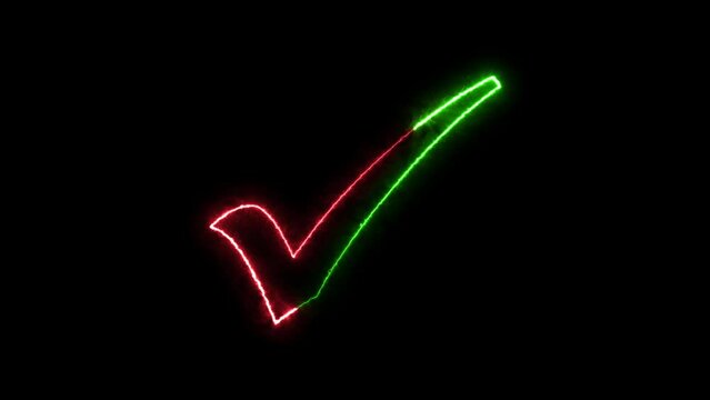 Check mark icon neon fire green red color animation in black background