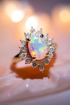 A stunning ring featuring a white opal center stone surrounded by a halo of sparkling diamonds. The opal displays a captivating play of color, shimmering in the light