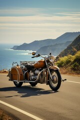 A classic motorcycle with a sidecar is parked on the side of the road, surrounded by asphalt and roadside vegetation. The vehicle appears to be stationary and unoccupied - obrazy, fototapety, plakaty