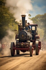 An antique steam-powered tractor chugging along at a country fair, powering various agricultural machinery
