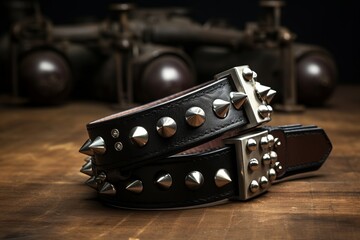 Two leather belts adorned with silver spikes displayed on a flat surface. The belts appear edgy and stylish, ready to add a rebellious touch to any outfit
