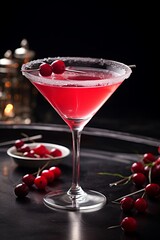 A red cosmopolitan martini is elegantly presented in a martini glass, garnished with cherries around the rim. The drink exudes a vibrant red hue, enticing and refreshing