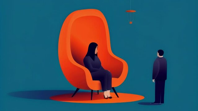 A person in a big chair looking down at a person in a smaller chair with a condescending smile. Psychology art concept. .